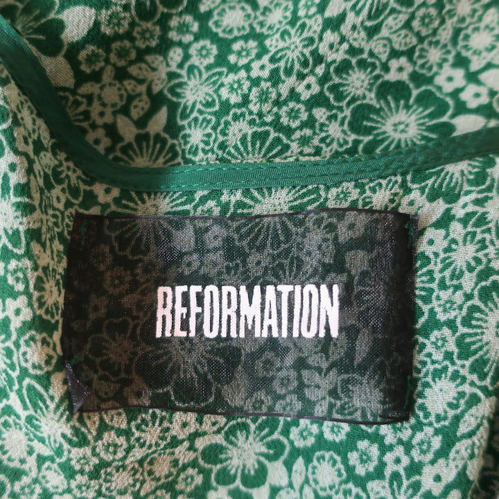 Reformation Mini Wrap Dress Green Ruffled Floral Print Crepe Size Extra Small