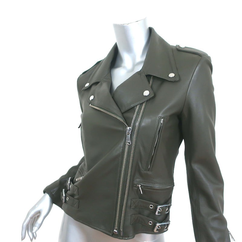 FRAME PCH Leather Moto Jacket Deep Moss Size Extra Small