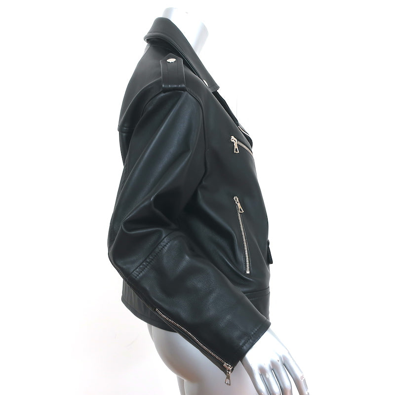 Yves Salomon Oversized Leather Biker Jacket Black Lambskin Size 38