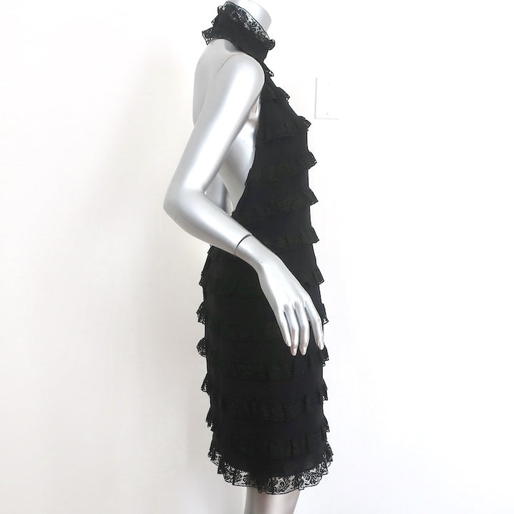 Fendi Open Back Halter Dress Black Ruffled Lace-Trim Silk Size 42