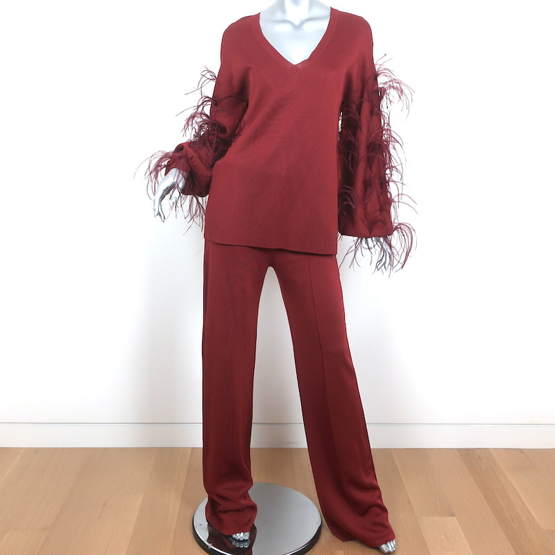 Valentino Feather-Trimmed Long Sleeve Top &amp; Pants Set Red Viscose Knit Size 42