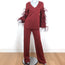 Valentino Feather-Trimmed Long Sleeve Top & Pants Set Red Viscose Knit Size 42