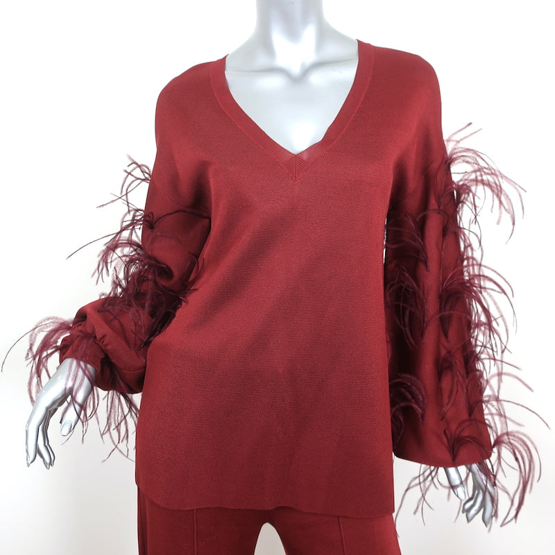Valentino Feather-Trimmed Long Sleeve Top &amp; Pants Set Red Viscose Knit Size 42