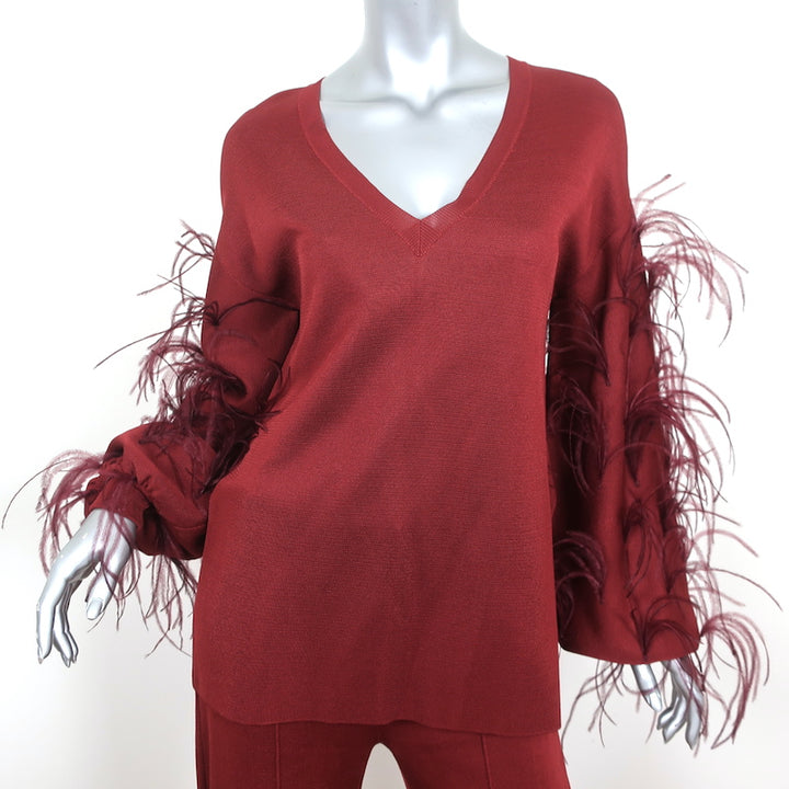 Valentino Feather-Trimmed Long Sleeve Top &amp; Pants Set Red Viscose Knit Size 42