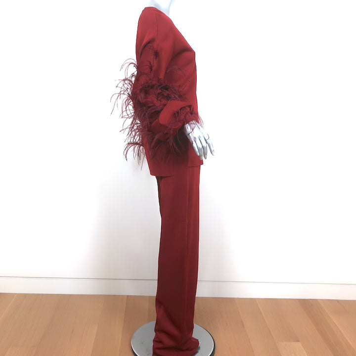 Valentino Feather-Trimmed Long Sleeve Top &amp; Pants Set Red Viscose Knit Size 42