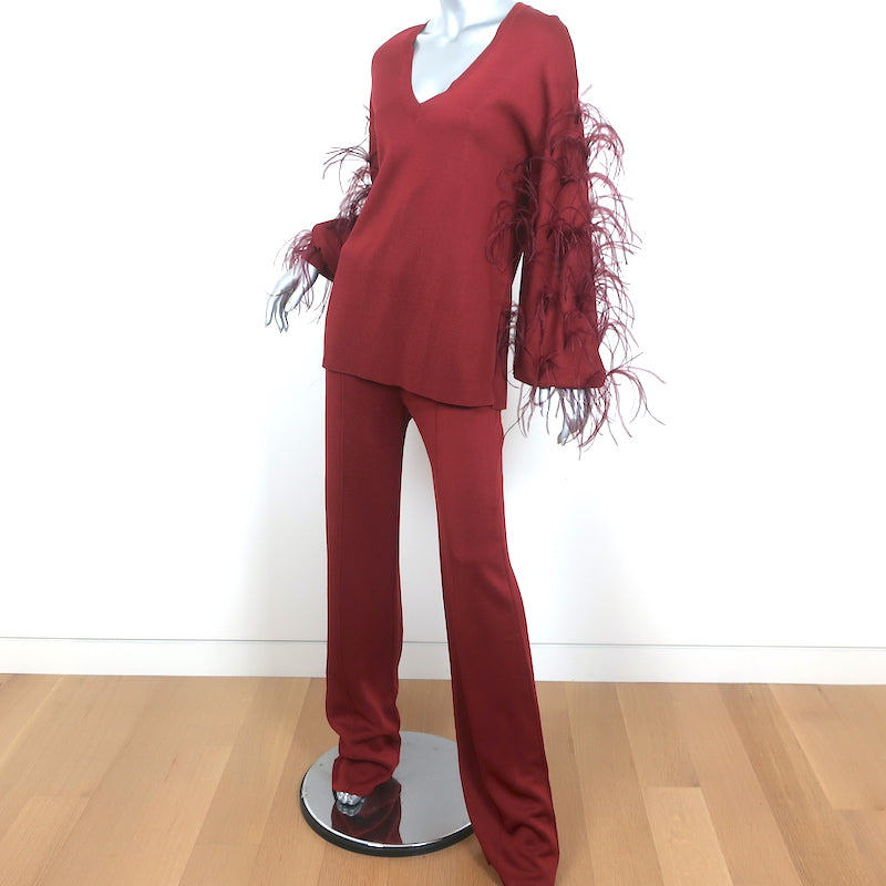 Valentino Feather-Trimmed Long Sleeve Top &amp; Pants Set Red Viscose Knit Size 42