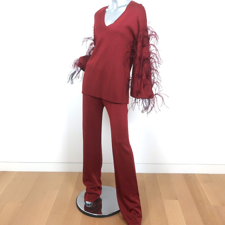 Valentino Feather-Trimmed Long Sleeve Top &amp; Pants Set Red Viscose Knit Size 42