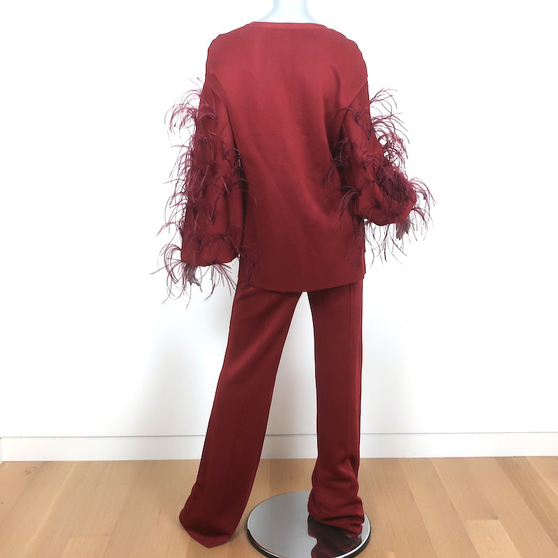 Valentino Feather-Trimmed Long Sleeve Top &amp; Pants Set Red Viscose Knit Size 42