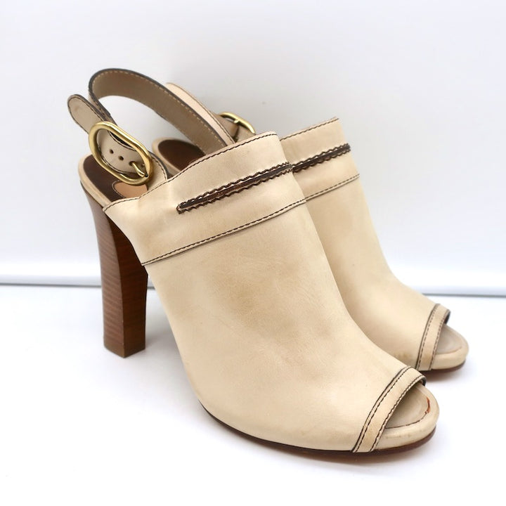 Chloe Peep Toe Slingback Heels Off-White Leather Size 40 NEW