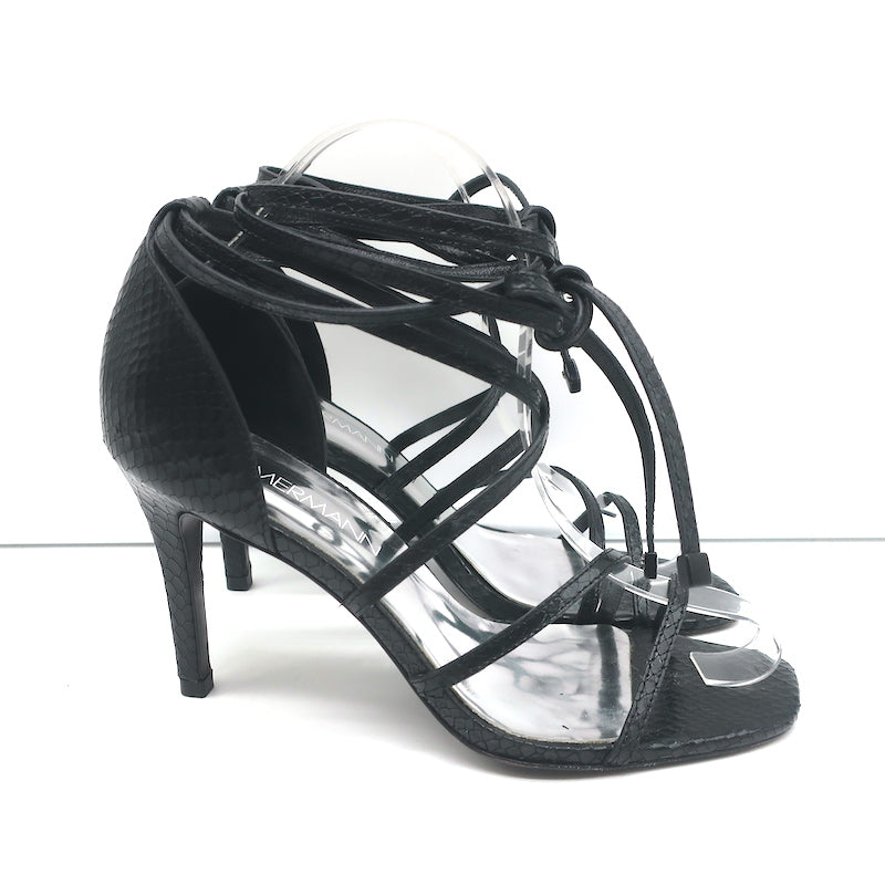 Zimmermann Ankle Tie Sandals Black Snake-Embossed Leather Size 37 Open Toe Heels