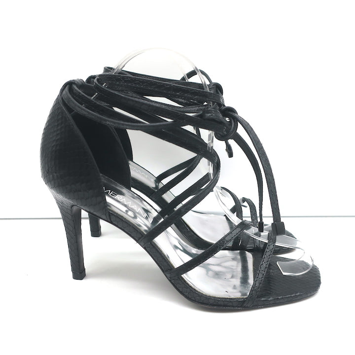 Zimmermann Ankle Tie Sandals Black Snake-Embossed Leather Size 37 Open Toe Heels