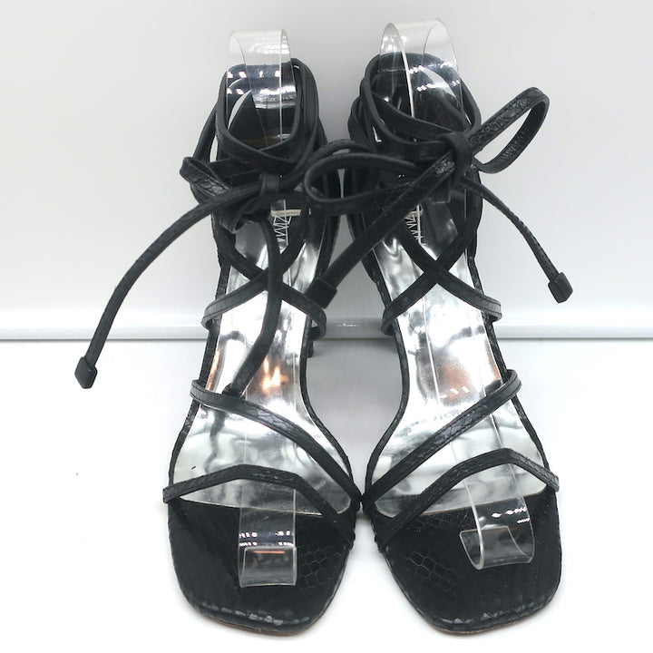 Zimmermann Ankle Tie Sandals Black Snake-Embossed Leather Size 37 Open Toe Heels