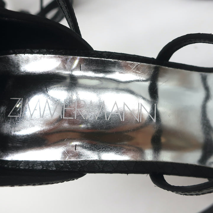 Zimmermann Ankle Tie Sandals Black Snake-Embossed Leather Size 37 Open Toe Heels