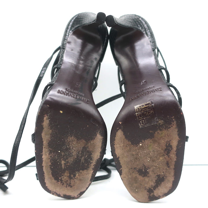 Zimmermann Ankle Tie Sandals Black Snake-Embossed Leather Size 37 Open Toe Heels