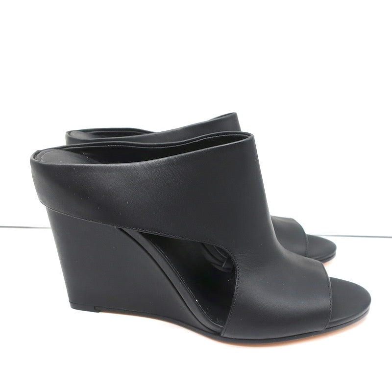 Vince Cutout Wedge Mules Kaya Black Leather Size 9 Peep Toe Sandals NEW
