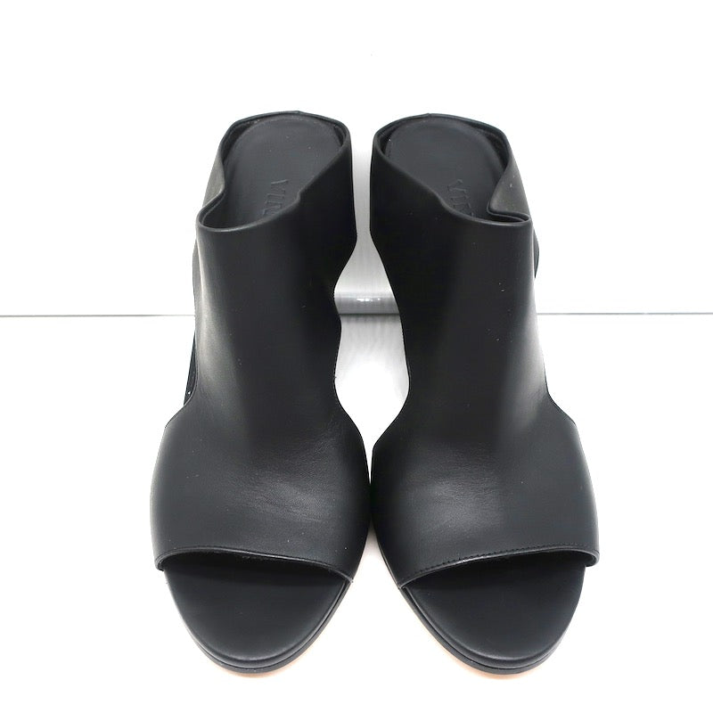 Vince Cutout Wedge Mules Kaya Black Leather Size 9 Peep Toe Sandals NEW