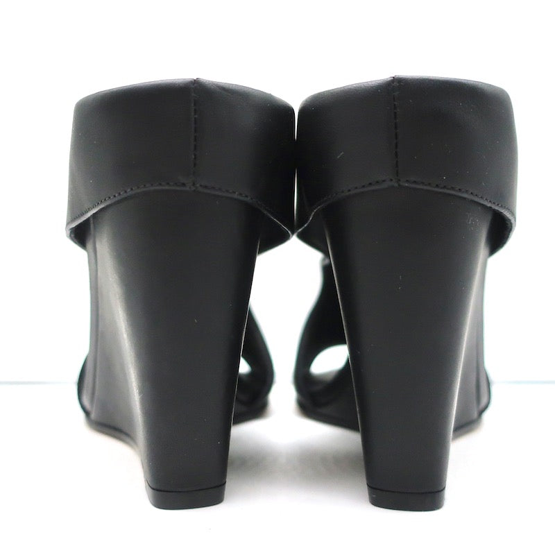 Vince Cutout Wedge Mules Kaya Black Leather Size 9 Peep Toe Sandals NEW