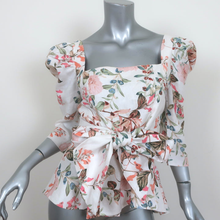 Cara Cara Lauren Tie-Waist Top Floral Print Linen Size 4 Puff Sleeve Blouse