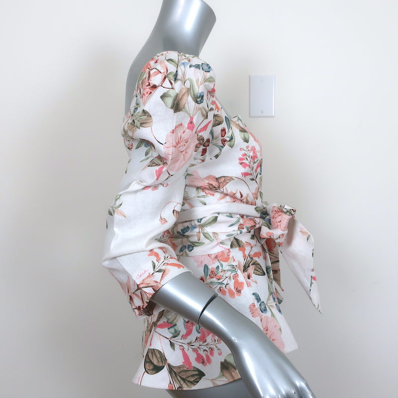 Cara Cara Lauren Tie-Waist Top Floral Print Linen Size 4 Puff Sleeve Blouse