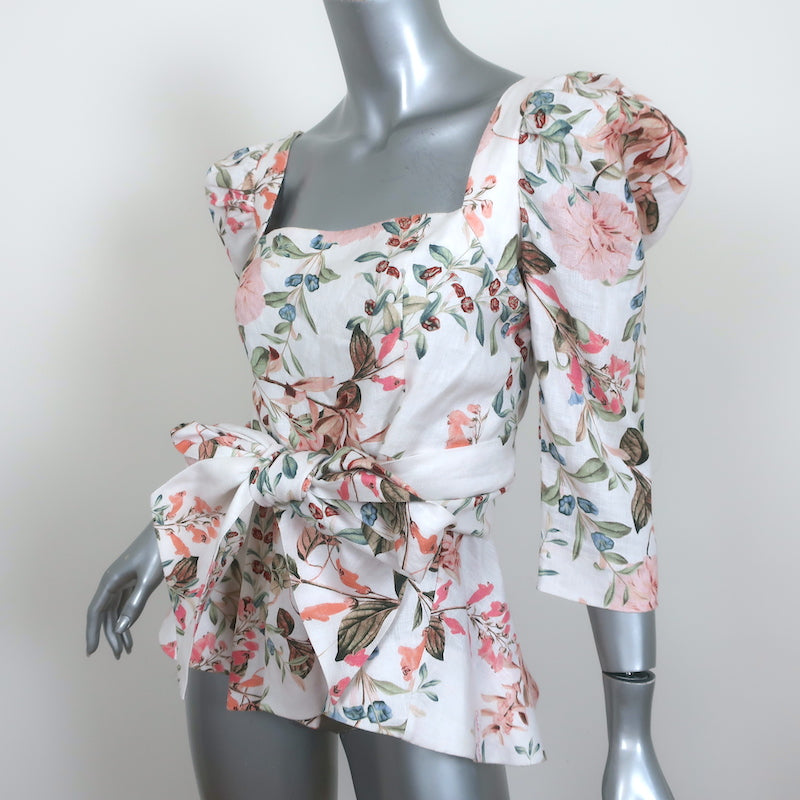 Cara Cara Lauren Tie-Waist Top Floral Print Linen Size 4 Puff Sleeve Blouse