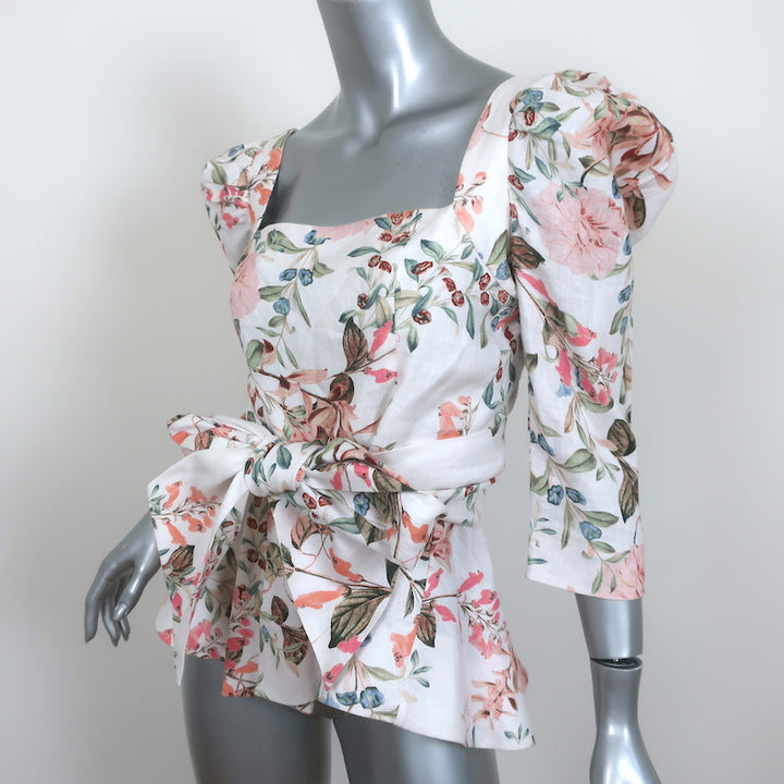 Cara Cara Lauren Tie-Waist Top Floral Print Linen Size 4 Puff Sleeve Blouse