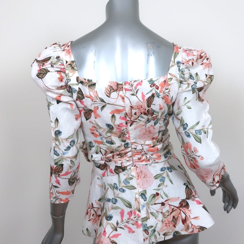Cara Cara Lauren Tie-Waist Top Floral Print Linen Size 4 Puff Sleeve Blouse