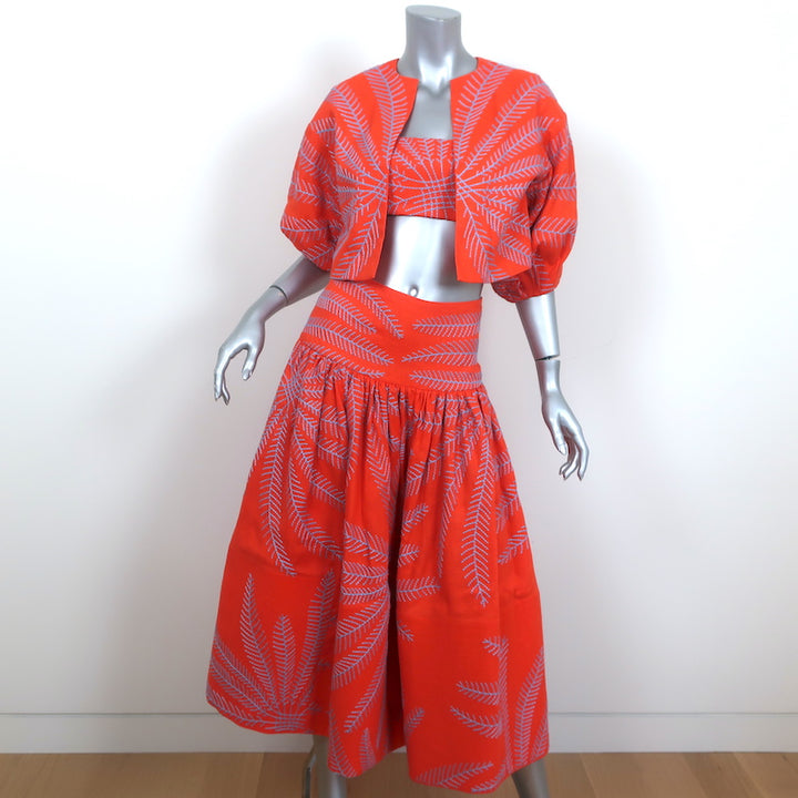 Alexis Embroidered Linen Crop Top Jacket &amp; Skirt Set Orange Size Extra Small
