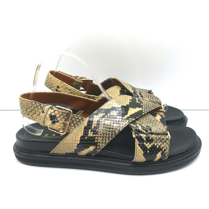 Marni Fussbett Sandals Beige Snake-Print Leather Size 41 Slingback Flats NEW