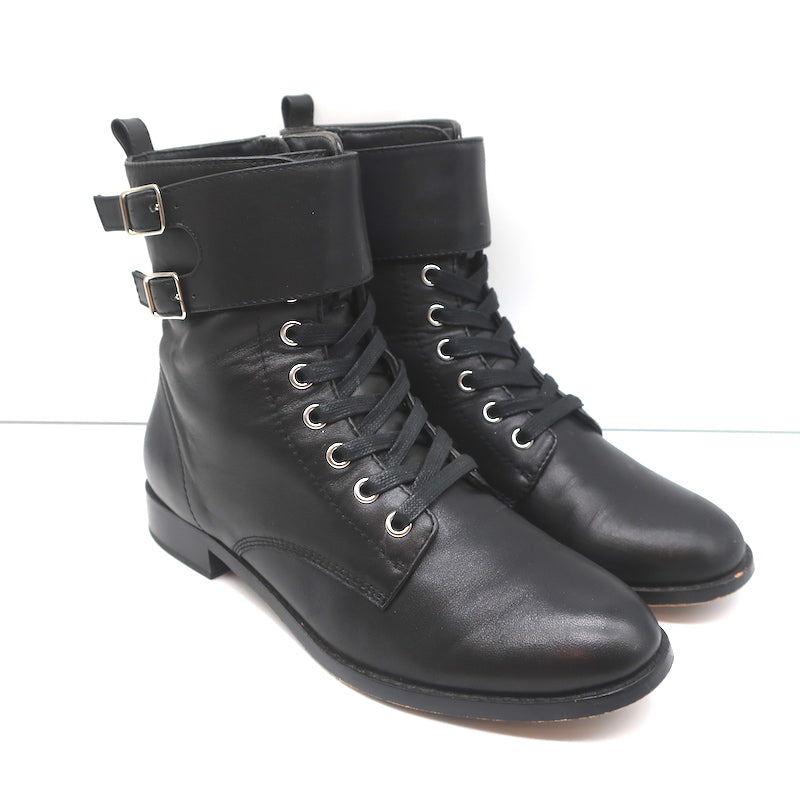 Gianvito Rossi Lagarde Combat Boots Black Leather Size 38 Flat