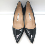Manolo Blahnik BB 50 Pumps Black Patent Leather Size 40 Pointed Toe Kitten Heel