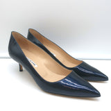 Manolo Blahnik BB 50 Kitten Heel Pumps Navy Metallic Patent Leather Size 40 NEW