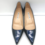 Manolo Blahnik BB 50 Kitten Heel Pumps Navy Metallic Patent Leather Size 40 NEW