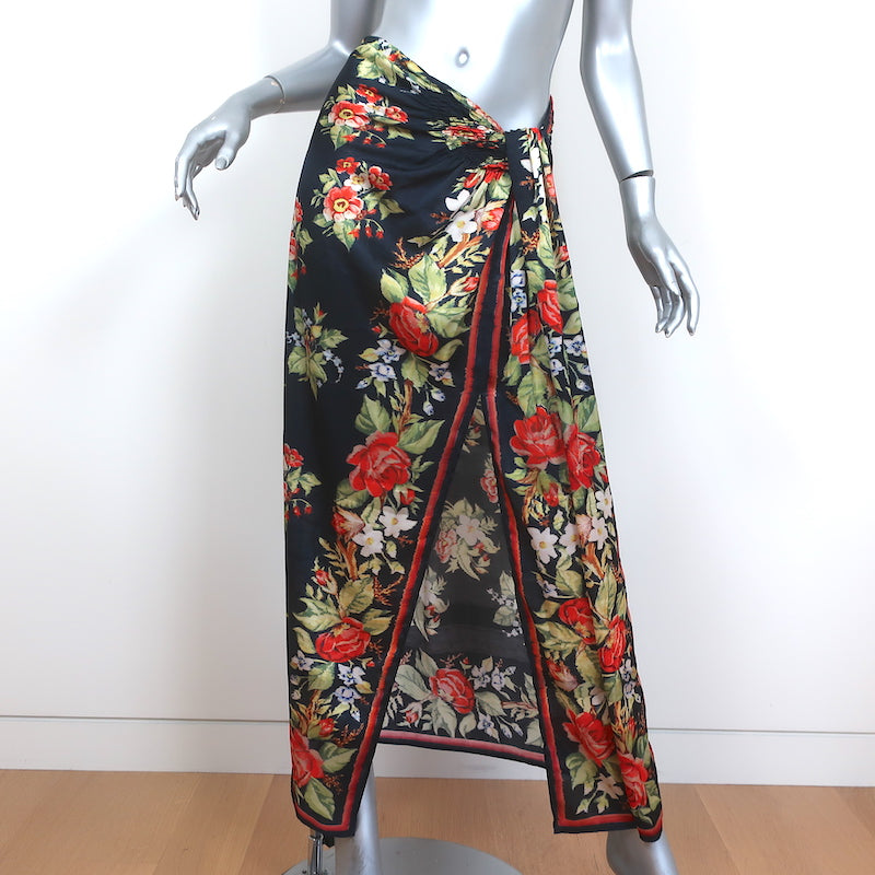 Paco Rabanne Sarong Skirt Black Floral Print Satin Size 36