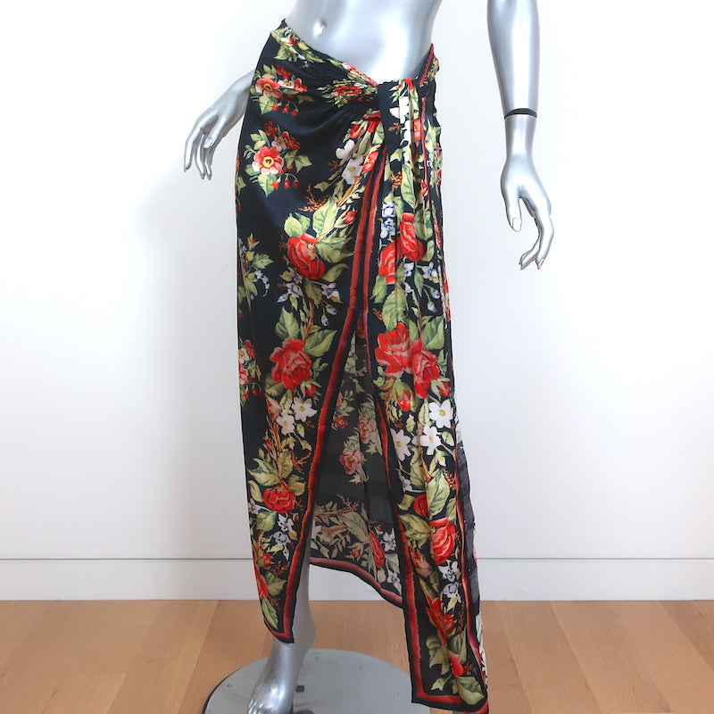 Paco Rabanne Sarong Skirt Black Floral Print Satin Size 36