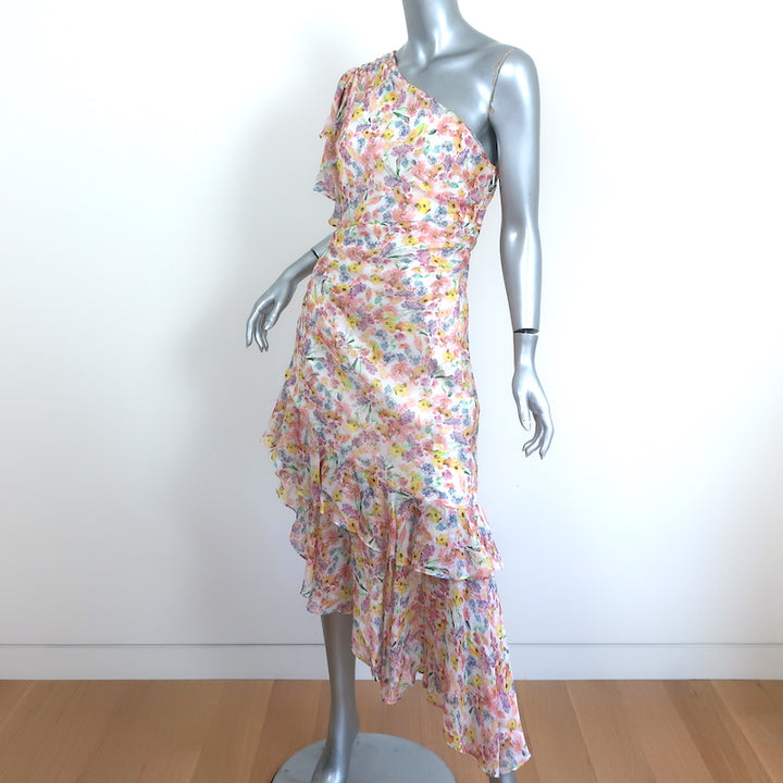 AMUR Asymmetric One-Shoulder Dress Clayton Floral Print Ruffled Silk Size 8 NEW
