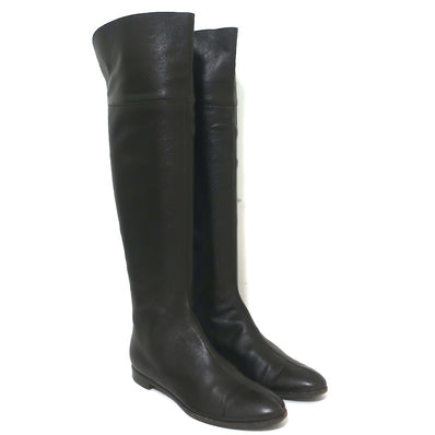 Sergio Rossi Over the Knee Flat Boots Dark Brown Grained Leather Size 37