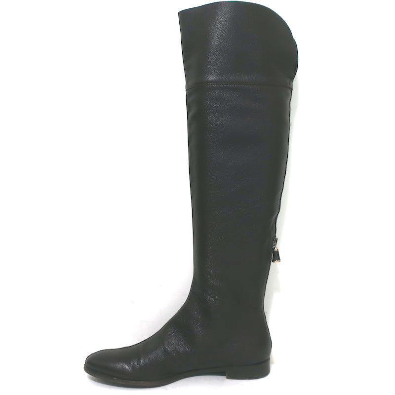 Sergio Rossi Over the Knee Flat Boots Dark Brown Grained Leather Size 37