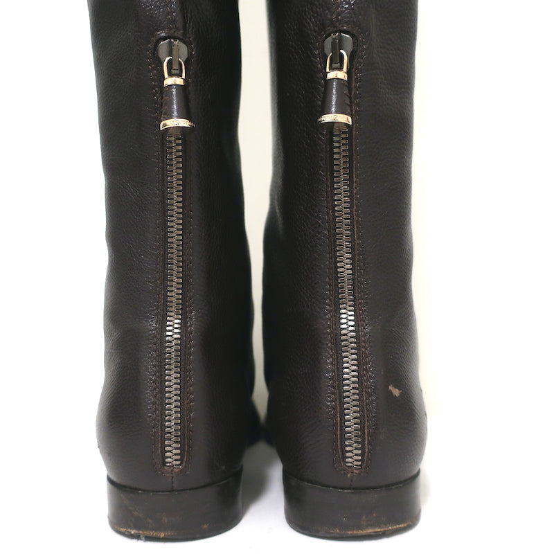 Sergio Rossi Over the Knee Flat Boots Dark Brown Grained Leather Size 37