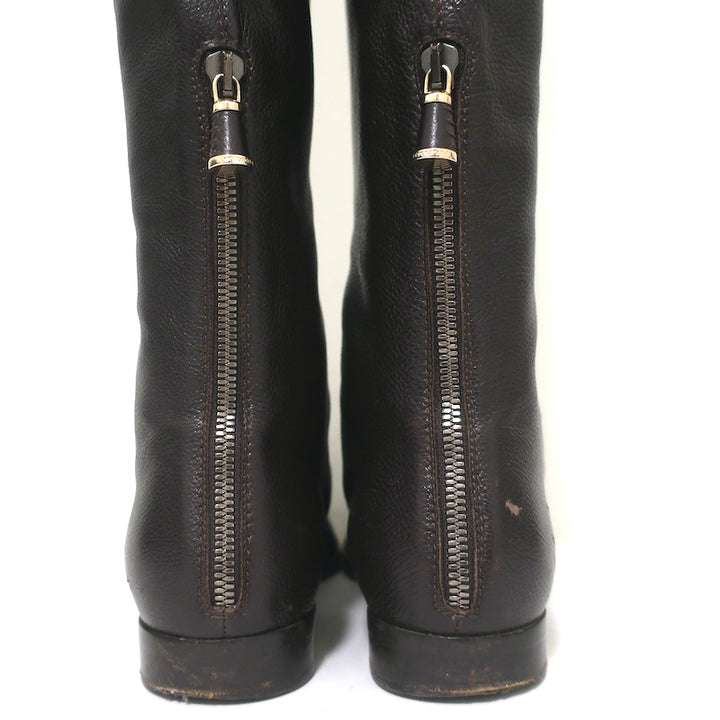 Sergio Rossi Over the Knee Flat Boots Dark Brown Grained Leather Size 37