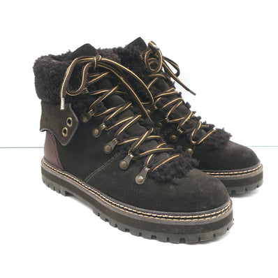 See by Chloe Eileen Shearling Hiking Boots Dark Brown Suede & Leather Size 38