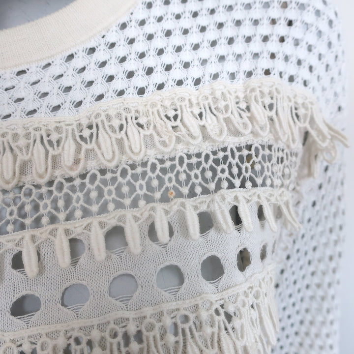 Chloe Sweater Cream Lace-Trim Pointelle Knit Size Small Crewneck Pullover