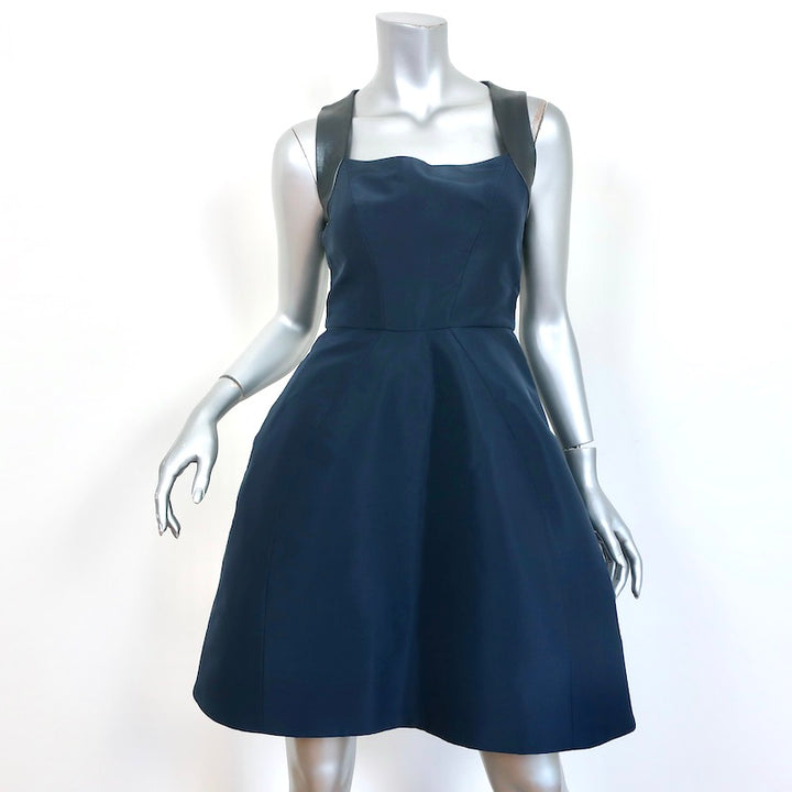 Monique Lhuillier Fit &amp; Flare Mini Dress Navy Silk &amp; Pewter Leather Size 4