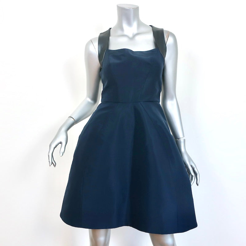 Monique Lhuillier Fit & Flare Mini Dress Navy Silk & Pewter Leather Si Celebrity Owned Monique Lhuillier Fit & Flare Mini Dress Navy Silk & Pewter Leather Si Celebrity Owned