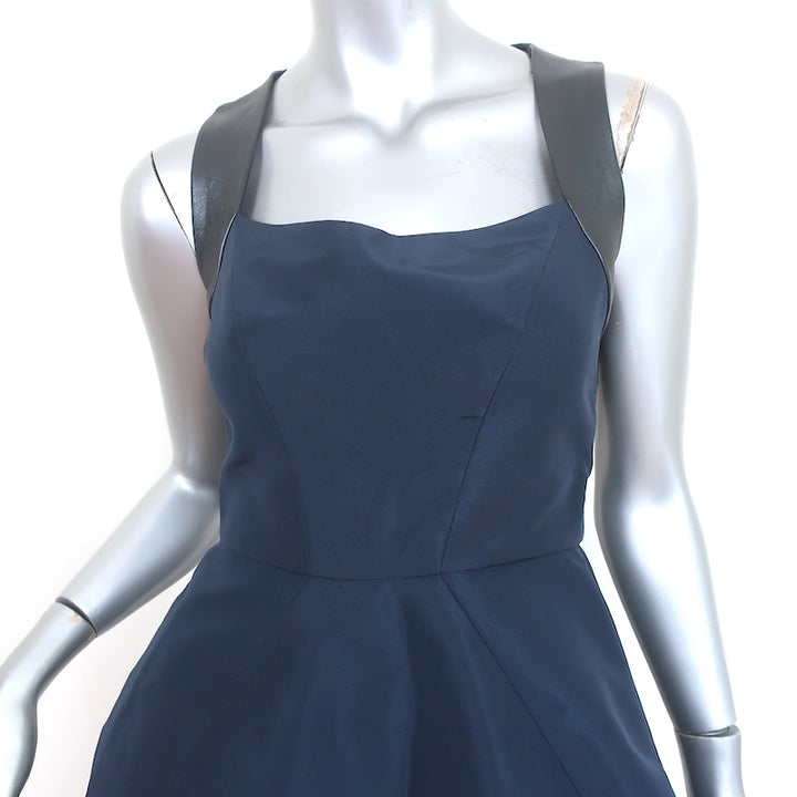 Monique Lhuillier Fit &amp; Flare Mini Dress Navy Silk &amp; Pewter Leather Size 4