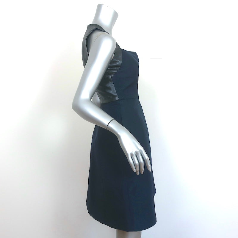 Monique Lhuillier Fit &amp; Flare Mini Dress Navy Silk &amp; Pewter Leather Size 4