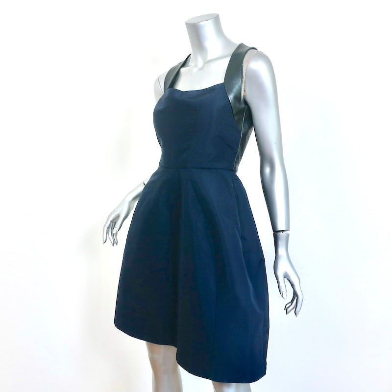 Monique Lhuillier Fit &amp; Flare Mini Dress Navy Silk &amp; Pewter Leather Size 4