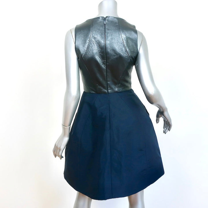 Monique Lhuillier Fit &amp; Flare Mini Dress Navy Silk &amp; Pewter Leather Size 4