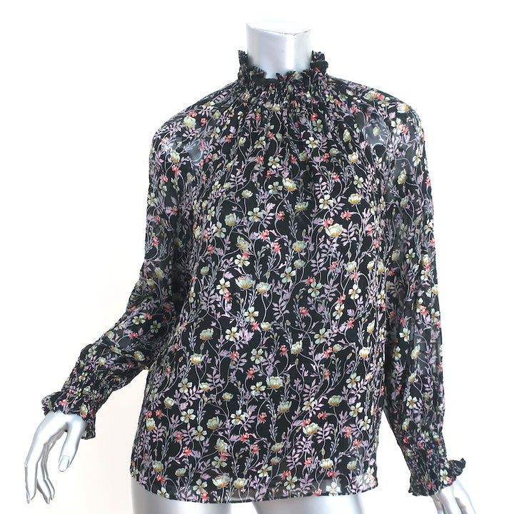 Rebecca Taylor High Neck Top Black Floral Print Size 2 Long Sleeve Blouse