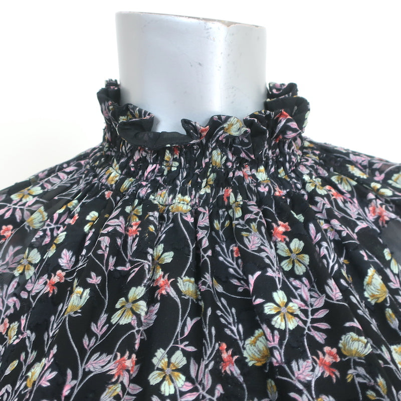 Rebecca Taylor High Neck Top Black Floral Print Size 2 Long Sleeve Blouse
