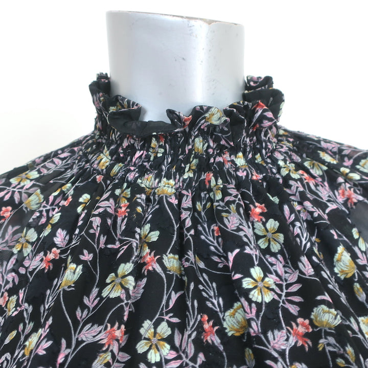 Rebecca Taylor High Neck Top Black Floral Print Size 2 Long Sleeve Blouse